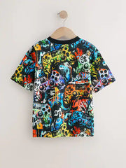 Black Graffiti Controller Relaxed Fit Short Sleeve All-Over Print T-Shirt (3-16yrs)