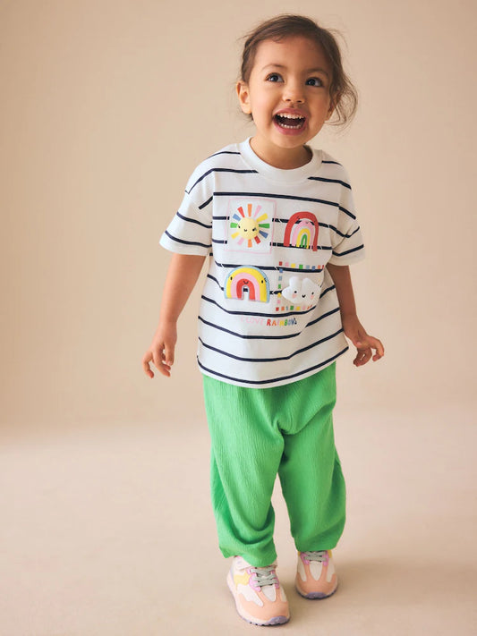 Green Rainbow Short Sleeve Top and Barrel Trousers Set