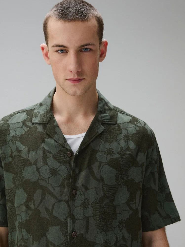 Green Relaxed Fit Jaquard Print Revere Collar Short Sleeve Shirt