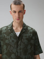 Green Relaxed Fit Jaquard Print Revere Collar Short Sleeve Shirt