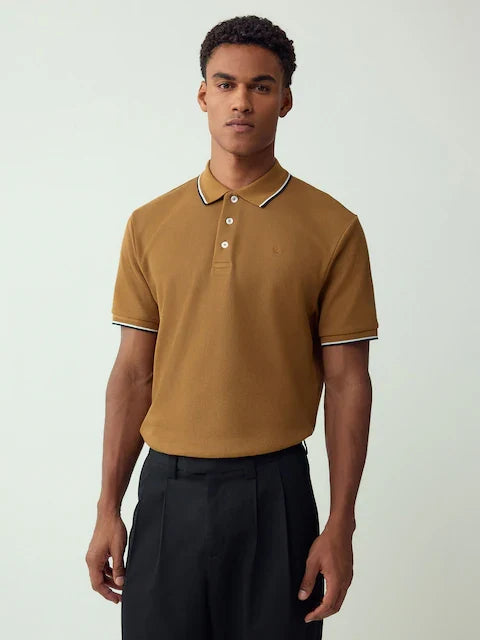 Tan Brown Short Sleeve Tipped Polo Shirt