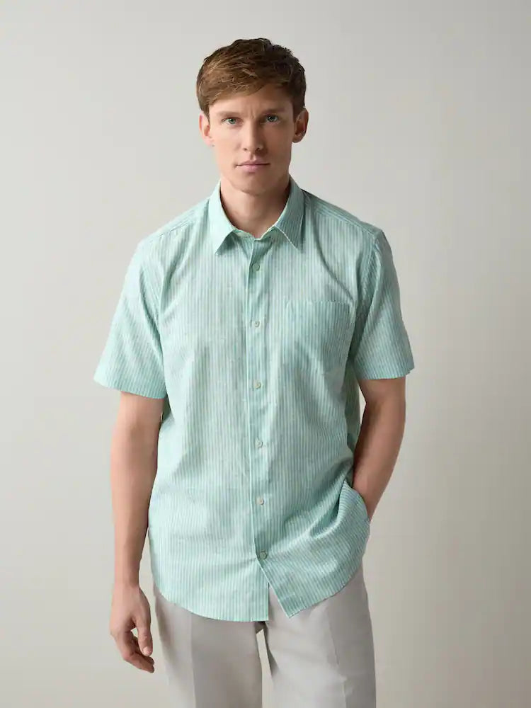 Green Regular Fit Linen Rich Stripe Short Sleeve Trimmed Shirt