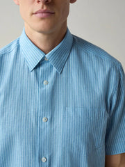 Light Blue Regular Fit Linen Rich Stripe Short Sleeve Trimmed Shirt