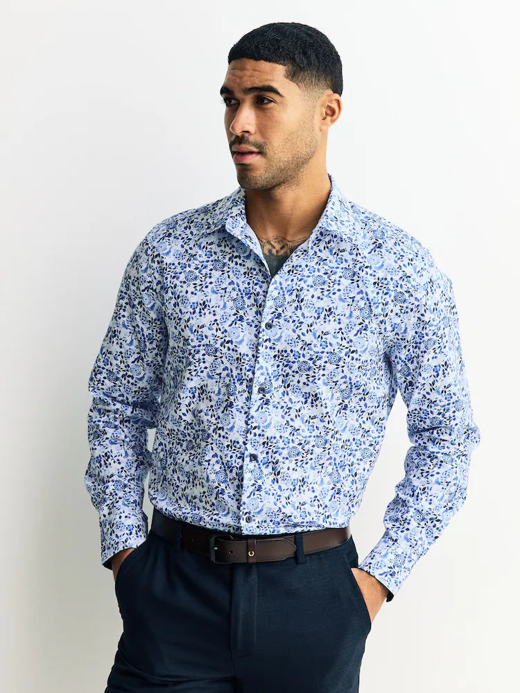 Blue/White Floral Regular Fit N. Premium Long Sleeve Shirt