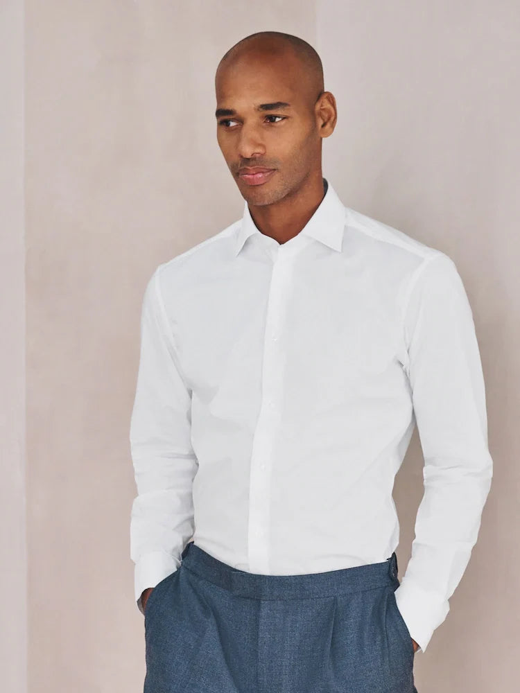 White Slim Fit Cotton Stretch Long Sleeve Formal Shirt