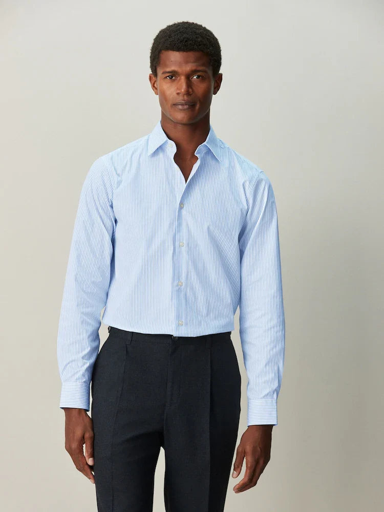 White/Blue Stripe Regular Fit Cotton Rich Long Sleeve Formal Shirt