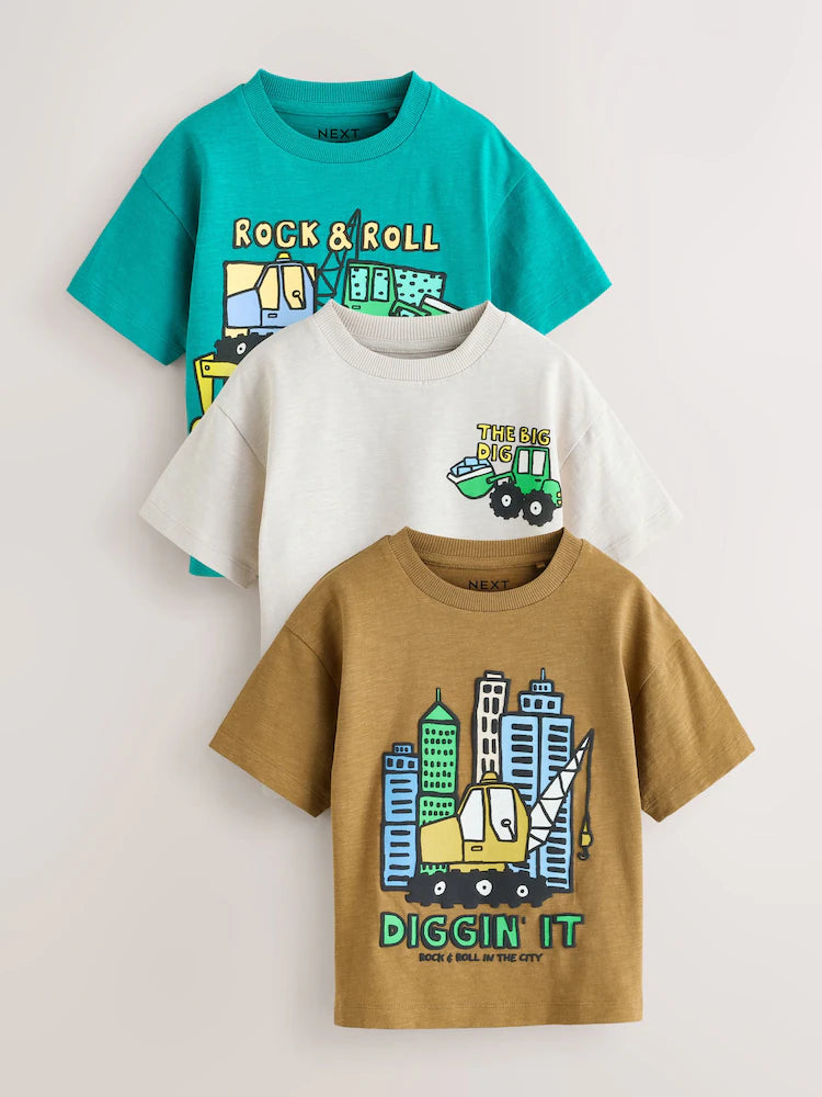 NEXT - Teal Blue Digger Short Sleeve Graphic T-Shirts 3 Pack (3mths-7yrs)