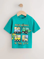 NEXT - Teal Blue Digger Short Sleeve Graphic T-Shirts 3 Pack (3mths-7yrs)