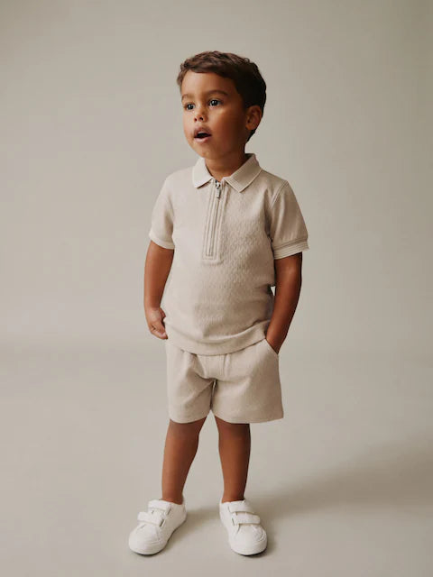 Neutral Zip Neck Short Sleeve Polo Shirt And Shorts Set (3mths-7yrs)