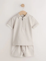 Neutral Zip Neck Short Sleeve Polo Shirt And Shorts Set (3mths-7yrs)