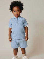 Blue Zip Neck Short Sleeve Polo Shirt And Shorts Set