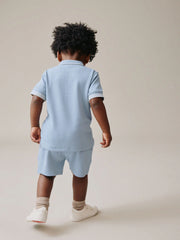 Blue Zip Neck Short Sleeve Polo Shirt And Shorts Set
