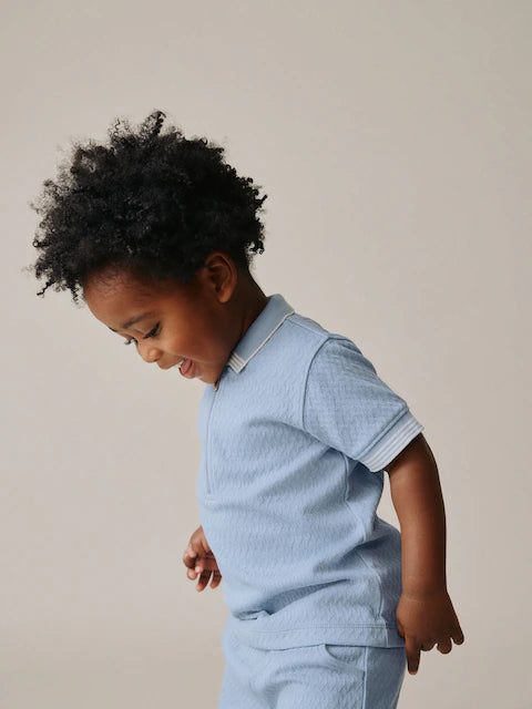 Blue Zip Neck Short Sleeve Polo Shirt And Shorts Set