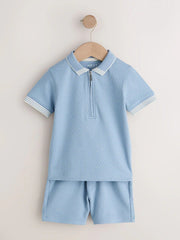 Blue Zip Neck Short Sleeve Polo Shirt And Shorts Set