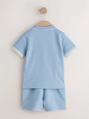 Blue Zip Neck Short Sleeve Polo Shirt And Shorts Set
