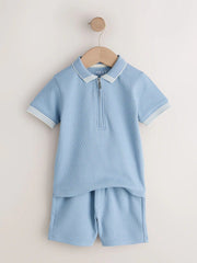 Blue Zip Neck Short Sleeve Polo Shirt And Shorts Set