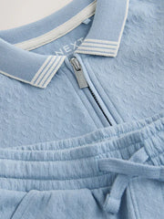 Blue Zip Neck Short Sleeve Polo Shirt And Shorts Set