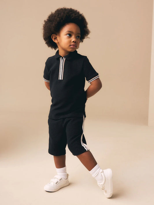 Black Zip Neck Short Sleeve Polo Shirt And Shorts Set (3mths-7yrs)