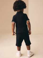 Black Zip Neck Short Sleeve Polo Shirt And Shorts Set (3mths-7yrs)