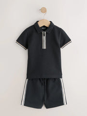 Black Zip Neck Short Sleeve Polo Shirt And Shorts Set (3mths-7yrs)