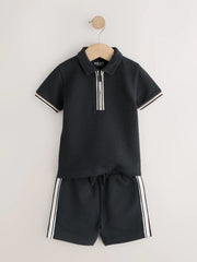 Black Zip Neck Short Sleeve Polo Shirt And Shorts Set (3mths-7yrs)