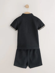 Black Zip Neck Short Sleeve Polo Shirt And Shorts Set (3mths-7yrs)