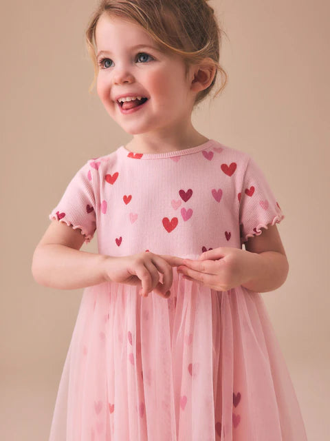 Pink Hearts Mesh Skirt Dress - Pink