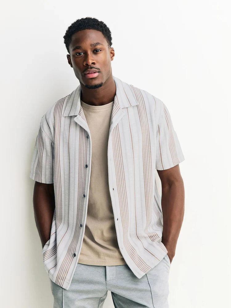 Neutral Brown Regular Fit Stripe Short Sleeve Jersey Shirt