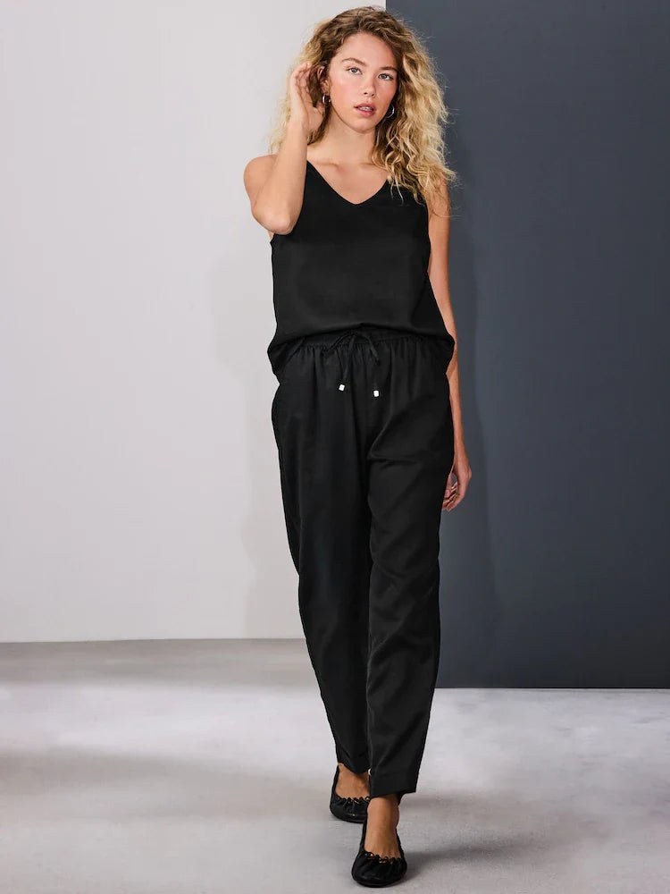 Black Pull On Tapered Trousers With Linen