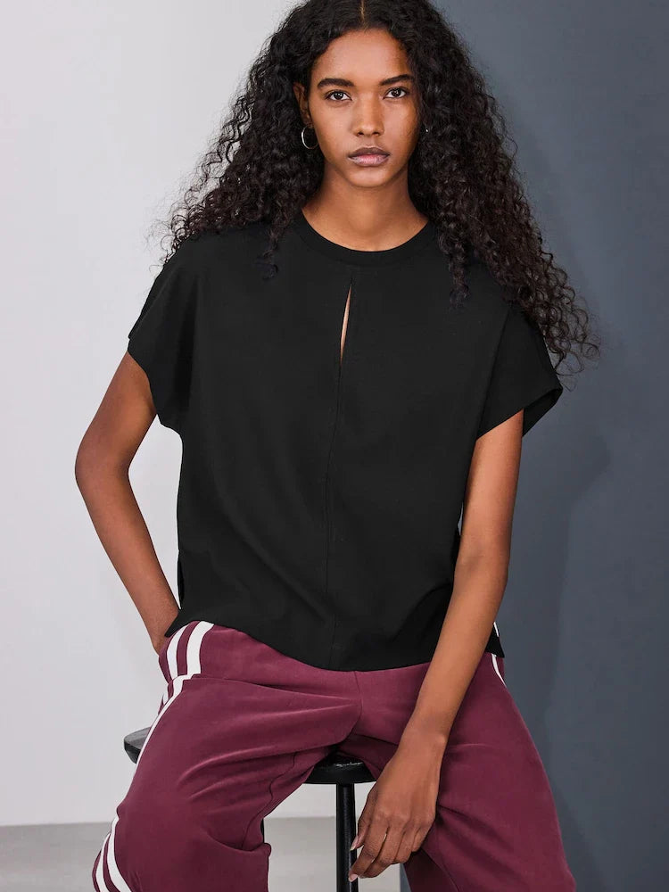 Black Short Sleeve Keyhole Crew Neck Top