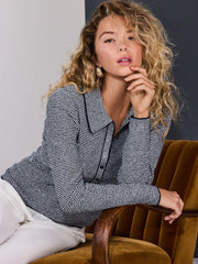 Navy/White Stripe Long Sleeve Knit Look Polo Top