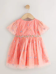 Peach Pink Embroidered Mesh Dress