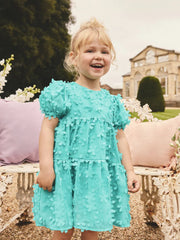 Teal Blue Short Sleeve 3D Flowers Dress (3mths-8yrs)