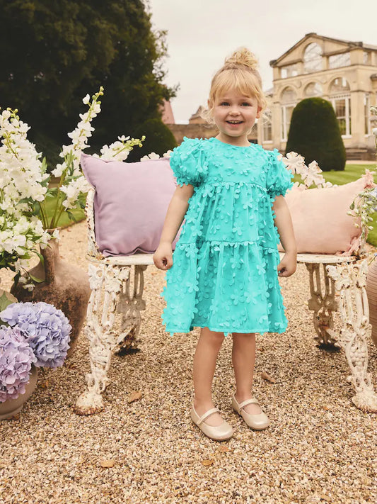Teal Blue Short Sleeve 3D Flowers Dress (3mths-8yrs)
