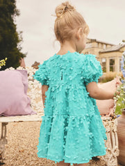 Teal Blue Short Sleeve 3D Flowers Dress (3mths-8yrs)