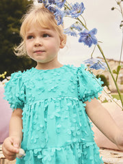 Teal Blue Short Sleeve 3D Flowers Dress (3mths-8yrs)