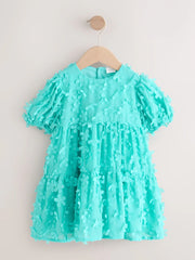 Teal Blue Short Sleeve 3D Flowers Dress (3mths-8yrs)