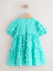 Teal Blue Short Sleeve 3D Flowers Dress (3mths-8yrs)