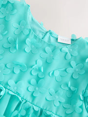 Teal Blue Short Sleeve 3D Flowers Dress (3mths-8yrs)