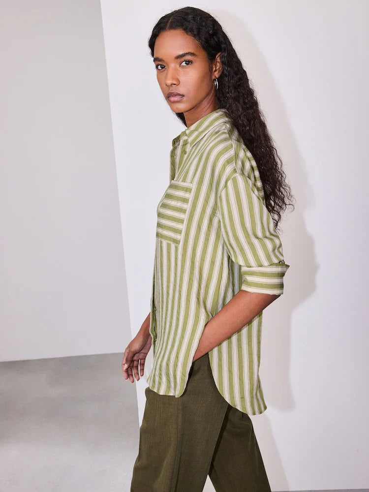 Green/White Jacquard Stripe Oversized Long Sleeve Shirt