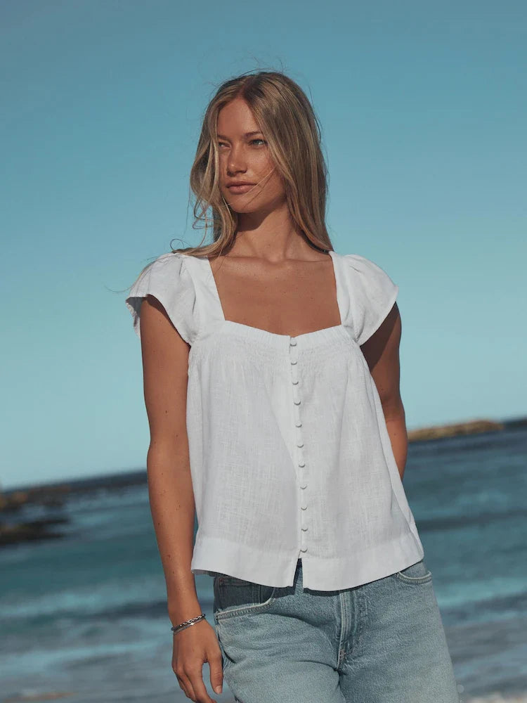 White Flutter Sleeve Button Front Top With Linen