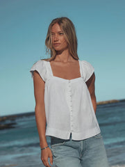 White Flutter Sleeve Button Front Top With Linen