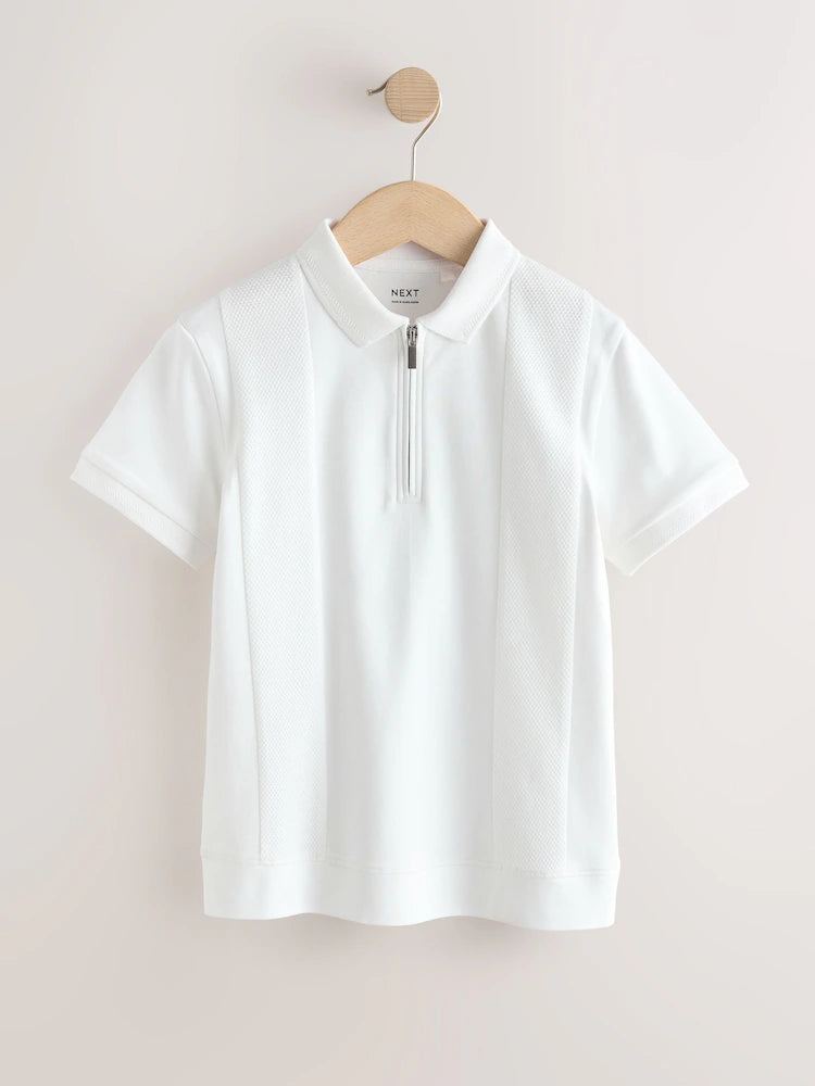 White Textured Short Sleeve Zip Neck Polo Shirt (3-16yrs)