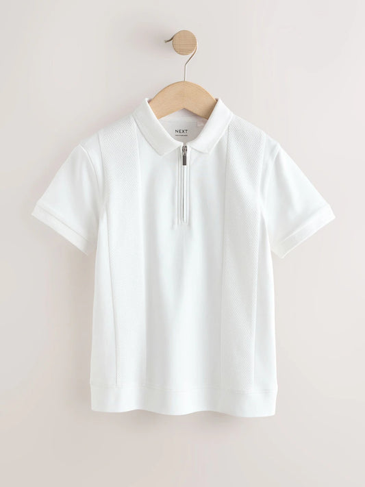White Textured Short Sleeve Zip Neck Polo Shirt (3-16yrs)