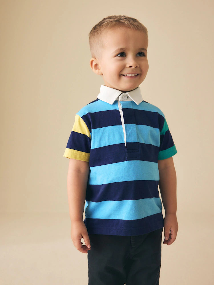 NEXT - Blue/Navy Stripe Short Sleeve Rugby Polo Shirt (3mths-7yrs)
