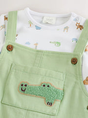Green Safari Animal Baby Twill Dungarees and Bodysuit Set (0mths-2yrs)