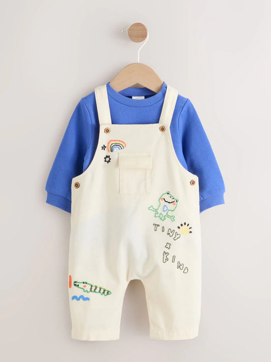 Neutral/Blue Characters Baby Twill Dungarees and Bodysuit Set