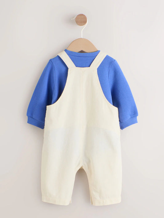 Neutral/Blue Characters Baby Twill Dungarees and Bodysuit Set