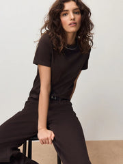 Chocolate Brown Embellished Neck Chain Short Sleeve Crew Neck T-Shirt