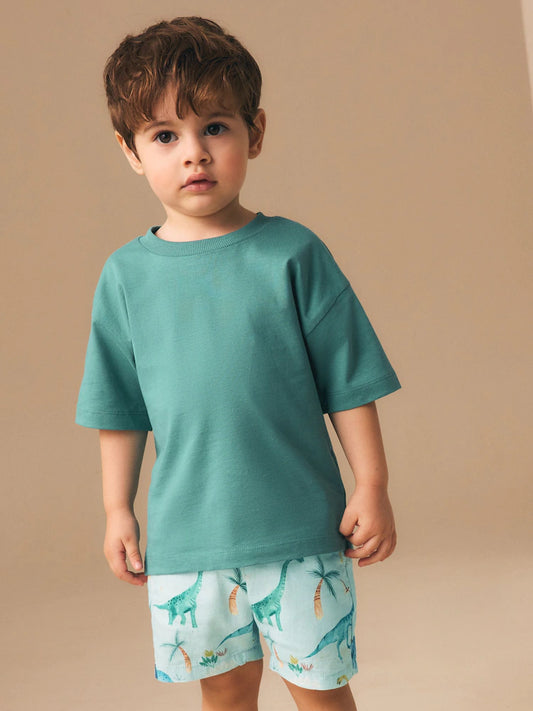 Blue Dino Print Linen Blend Pull On Shorts (3mths-7yrs)